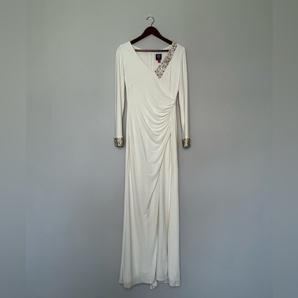 Worn Once- Vince Camuto White Long-sleeved Beaded Gown